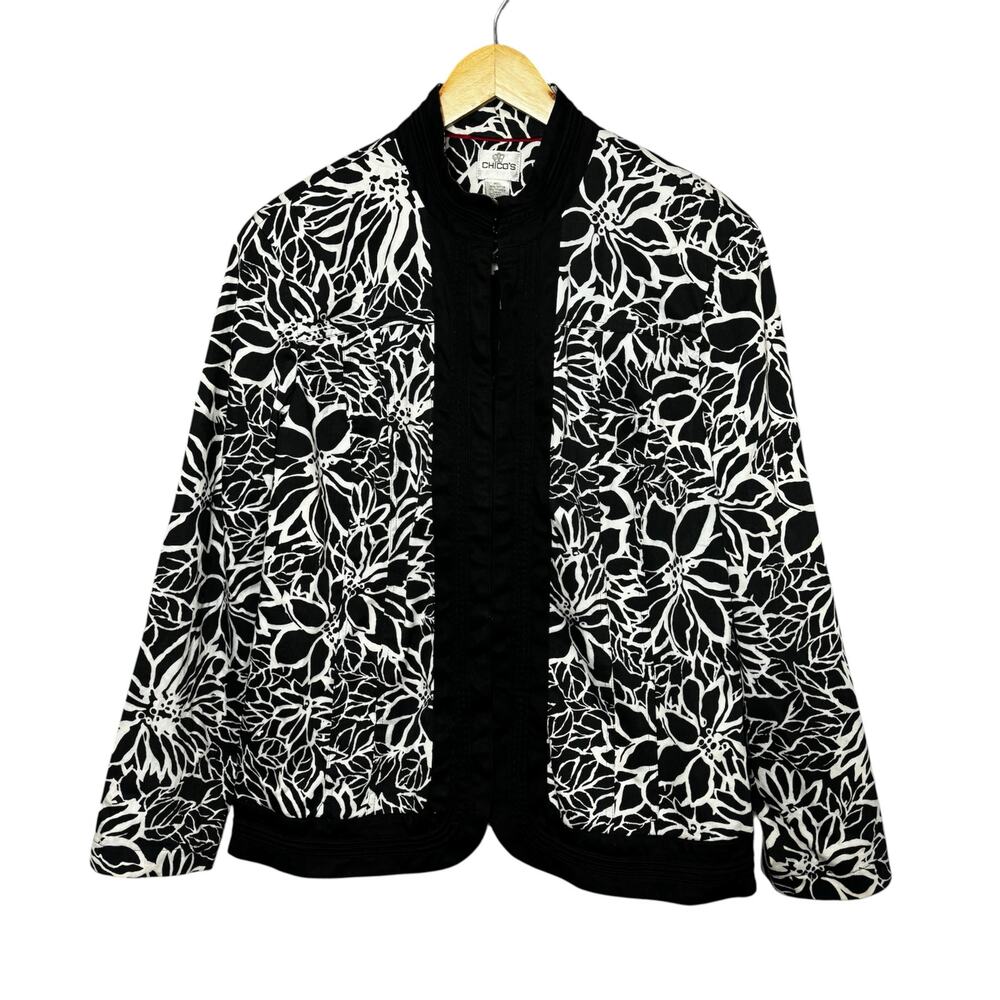 Chicos Size 3 Blazer‎ Jacket Floral Mandarin Collar Hook & Eye Closure
